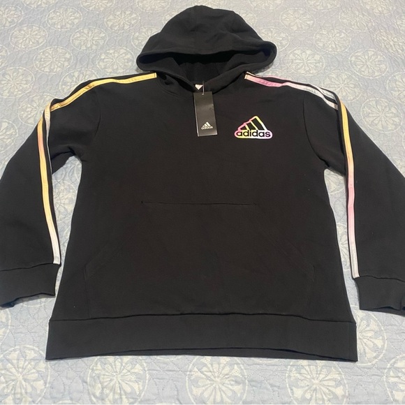 Adidas Hoodie Striped Youth Boy’s Size L 4/16 New Black - Picture 1 of 7